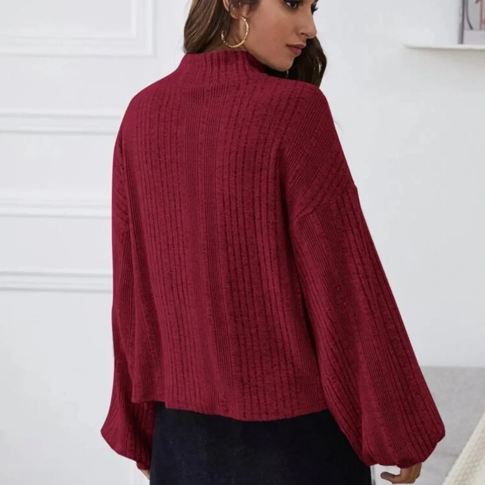 Mockneck ribbed knit lantern sleeve top burgundy red cozy - Picture 2 of 10